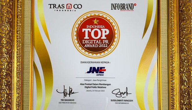 JNE Raih Penghargaan Indonesia Top Digital PR Award (Ketiga Kalinya) 2022 kategori Jasa Pengiriman Uritanet.com