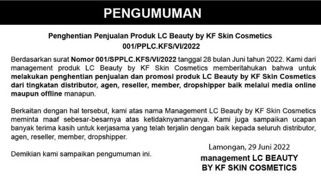 Awas! Produk LC Beauty by KF Skin CosmeticsTidak Berijin BPOM dan Berstandarisasi Nasional Uritanet.com
